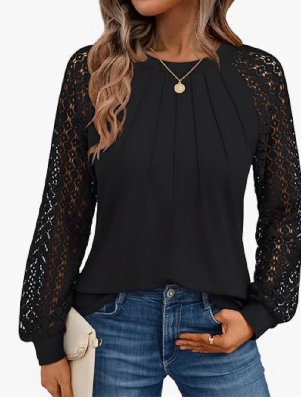 Women’s Black Long-Sleeve Top with Lace Sleeves
